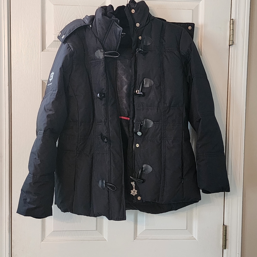 FREE COUNTRY power down series L black hooded faux fur winter puffer down coat